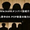 NewJeansという注目のK-POPグループの全メンバーが紹介されており、若い才能と人気の高まりを伝える画像。記事タイトルのテキストが中央に配置されています。