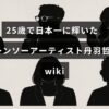 チェーンソーを手に誇らしげに立つ若きアーティスト丹羽哲士の写真と、その功績を紹介するテキストが中央に配置された画像。