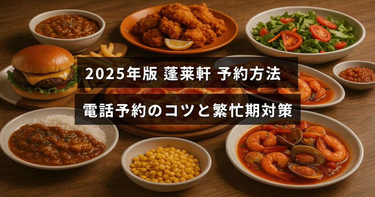 2025年の蓬莱軒予約ガイドのテキストが中央に表示された画像、電話での予約手順や混雑時の対策について解説するブログ記事用のアイキャッチです。