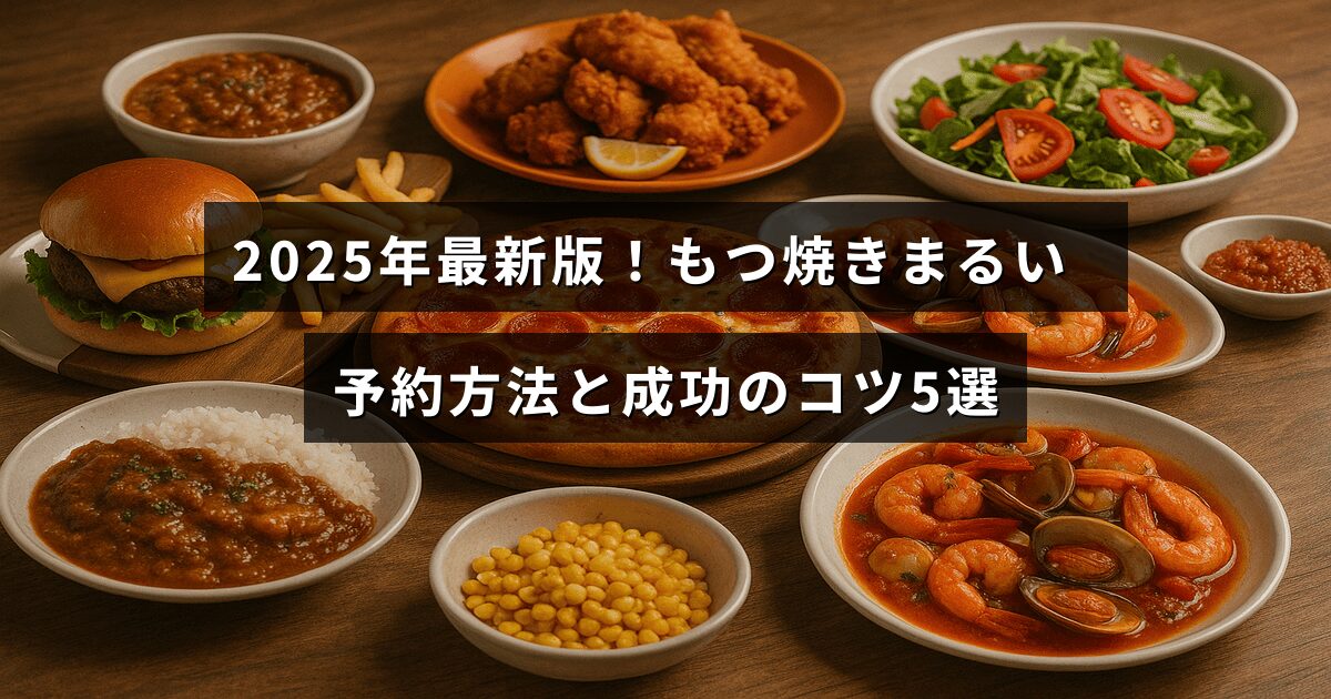 もつ焼きまるいの予約方法と予約を成功させるためのポイントを紹介する記事のタイトルが中央に表示された画像。