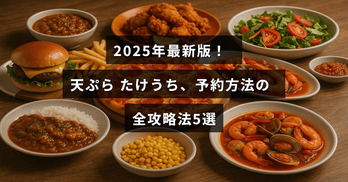 天ぷらたけうちの2025年最新の予約手順を紹介する記事タイトルが中央に表示された画像