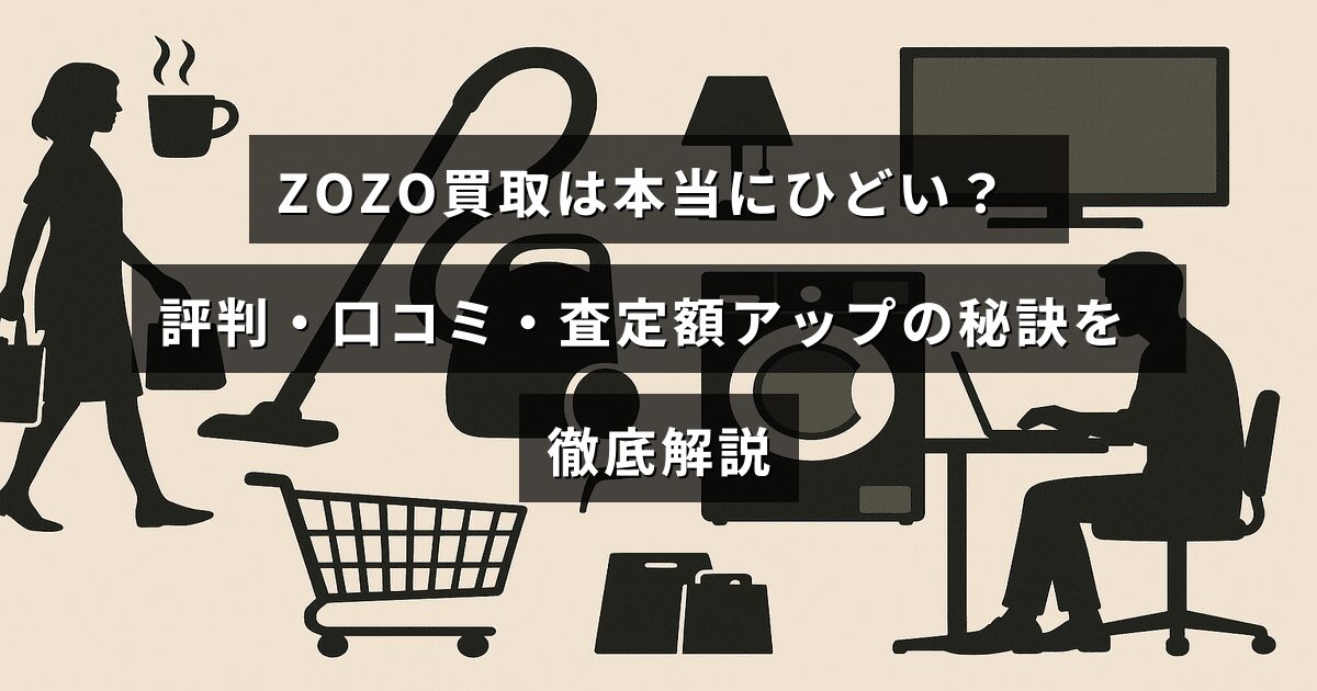 ZOZOの買取サービスに関する口コミや評価を紹介し、査定額を高くする方法を詳しく解説するブログ記事のタイトルが中央に表示された画像