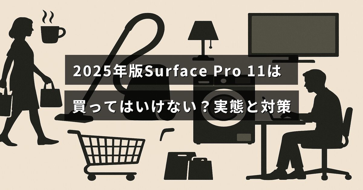 「2025年版Surface Pro 11の問題点と購入前に知っておくべき対策を説明する記事のタイトルが中央に表示された画像」