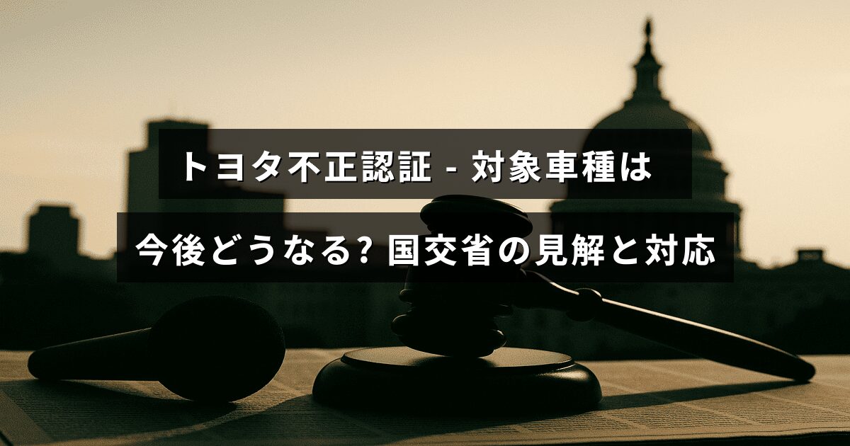 トヨタの不正認証問題に関する記事のタイトルが中央に表示された画像で、対象車種の今後の扱いと国土交通省による対応方針について説明していることを示しています。