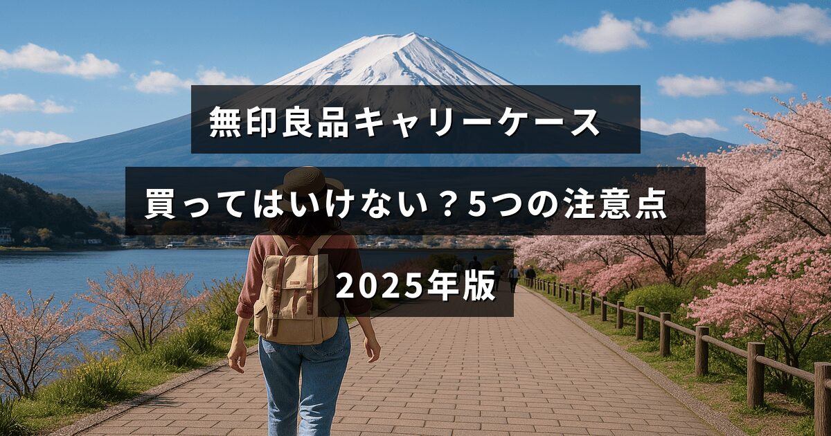 無印良品のキャリーケースの購入時に気をつけるべき5つのポイントをまとめた2025年最新ガイドのタイトルが中央に表示された画像。