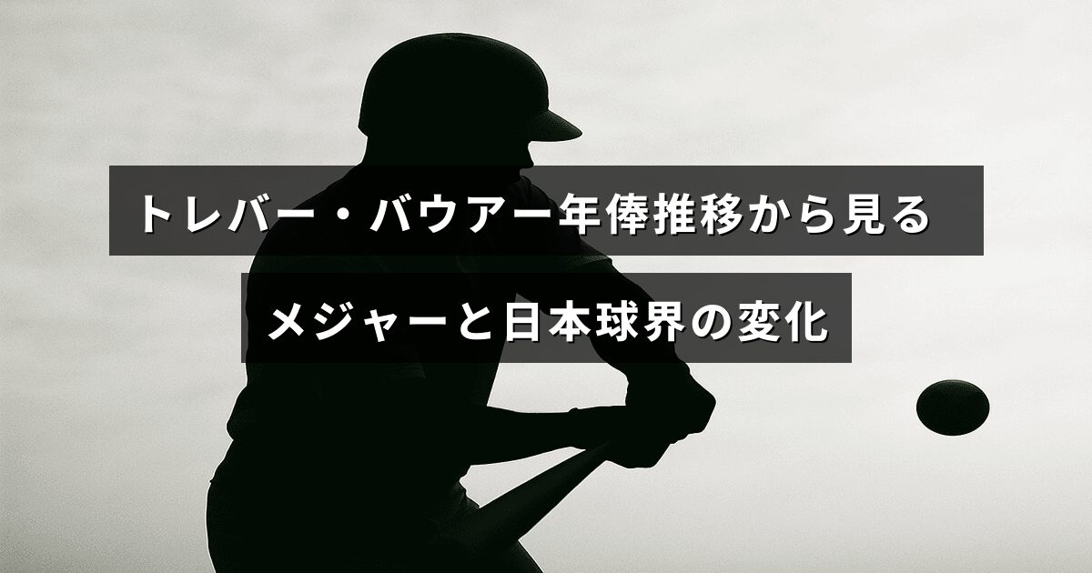 トレバー・バウアー選手の年俸の変動を示し、メジャーリーグと日本プロ野球の収入の違いや変化を比較解説している記事のアイキャッチ画像。