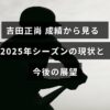 プロ野球選手・吉田正尚のこれまでの成績をもとに、2025年シーズンの現状分析と将来の期待について解説している記事のアイキャッチ画像。