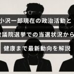 小沢一郎氏の最新の政治活動と衆議院選挙における当選結果、さらに健康状態に関する情報をまとめた記事のタイトルが中央に表示された画像。