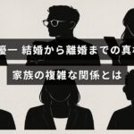 花田優一さんの結婚から離婚に至るまでの経緯と、家族間の複雑な人間関係を表現したデザインの画像