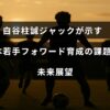 白谷柱誠ジャック選手のプレーシーンとともに、日本の若手フォワード選手育成における現状の課題と今後の展望について示した画像