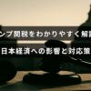 トランプ政権の関税政策が日本の経済に与える影響と、その対策について説明する記事のタイトルが中央に表示された画像