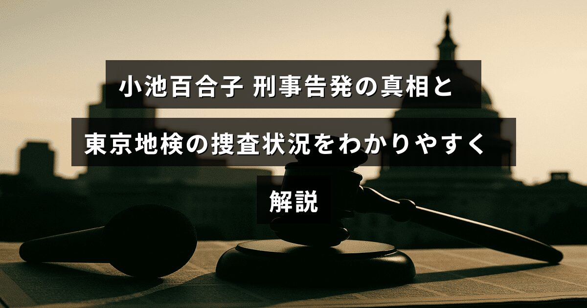 小池百合子氏に対する刑事告発の背景と、東京地方検察庁が進める調査の最新状況を示した解説記事のタイトルが中央に表示された画像