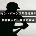 オースティン・バーンズ選手の年俸変動をグラフで示し、契約内容と将来の見通しを解説した画像