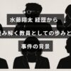 水藤翔太さんの教員としての経歴と、関連する事件の背景を解説する記事のタイトルが中央に表示された画像。