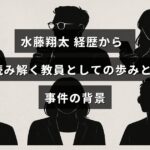 水藤翔太さんの教員としての経歴と、関連する事件の背景を解説する記事のタイトルが中央に表示された画像。
