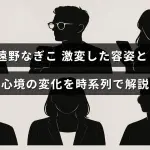 遠野なぎこさんの外見と内面の変化を順を追って説明する記事のタイトルが中央に表示された画像