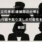 立花孝志氏の逮捕が迫っているという噂と、執行猶予が取り消される可能性について説明しているブログ記事のタイトルが中央に表示された画像