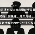 映画での共演をきっかけに人気が高まった女優・今田美桜と、俳優・目黒蓮との結婚に関する噂や最新の事実を説明した記事のタイトルが中央に表示された画像。