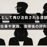 渡部建の最新の仕事や家族の様子、復帰後に受けた評価について説明したブログ記事のタイトルが中央に表示された画像。