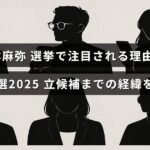 岡本麻弥氏が注目される背景と2025年参議院選挙への立候補までの歩みを説明する記事のタイトルが中央に表示された画像
