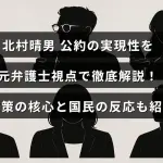 北村晴男氏の政策実現可能性を元弁護士の視点から詳細に分析し、政策の重要ポイントと国民の反応をまとめた解説記事のタイトルが中央に配置された画像。