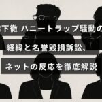 橋下徹氏をめぐるハニートラップ疑惑とそれに関する名誉毀損訴訟の経緯を示す画像で、関連するオンライン上の意見や反応について分かりやすくまとめたイメージ。