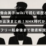 有働由美子さんのプロフィールとキャリアを紹介し、NHK在籍時代からフリー転身後の最新出演情報まで詳しく解説した記事のタイトルが中央に配置された画像。
