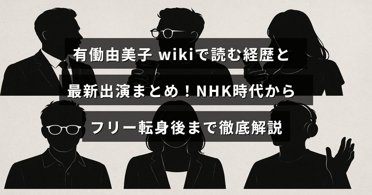 有働由美子さんのプロフィールとキャリアを紹介し、NHK在籍時代からフリー転身後の最新出演情報まで詳しく解説した記事のタイトルが中央に配置された画像。