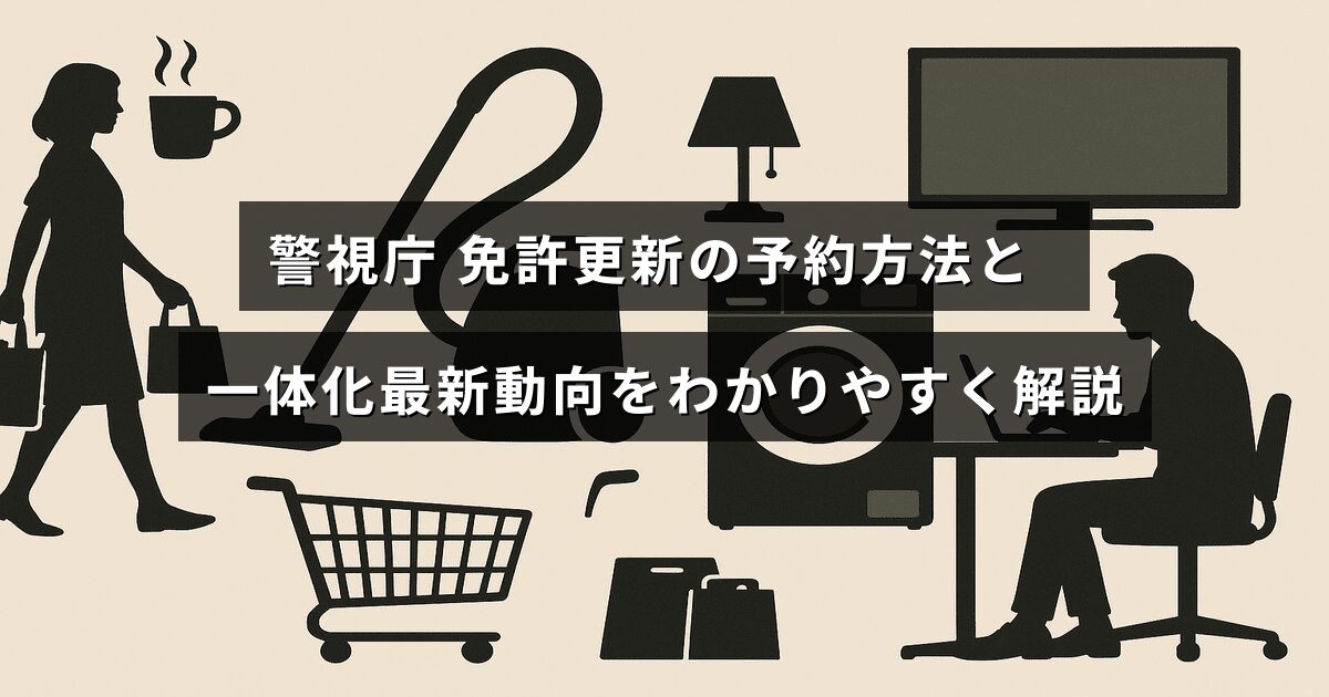 警視庁の免許更新手続きの予約方法と最新の手続き一体化に関する分かりやすい説明が示された画像。