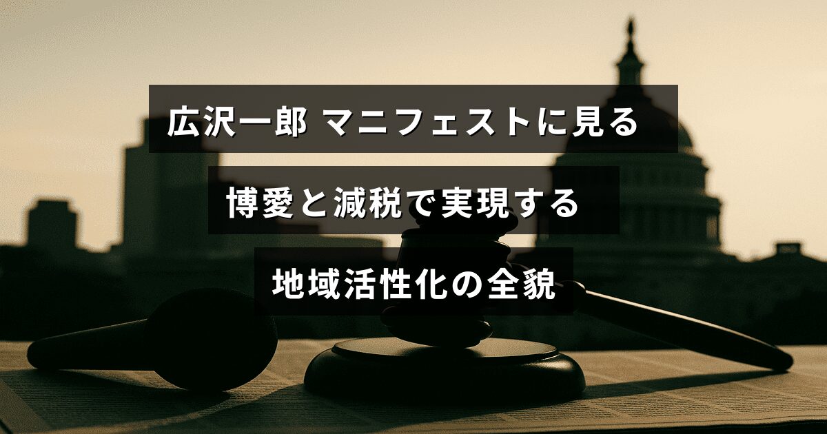 広沢一郎氏の政策提案が中央に表示された画像。地域の活性化を目指し、博愛精神と減税策を組み合わせた具体的な取り組みを紹介している。