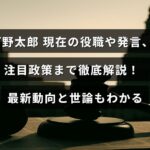 河野太郎氏の最新の役職や発言、注目されている政策について詳しく紹介した記事のタイトルが中央に表示された画像
