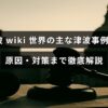 津波の発生原因や世界各地での代表的な津波事例、そして効果的な防災対策についてまとめた情報を示す画像。
