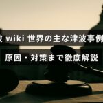 津波の発生原因や世界各地での代表的な津波事例、そして効果的な防災対策についてまとめた情報を示す画像。