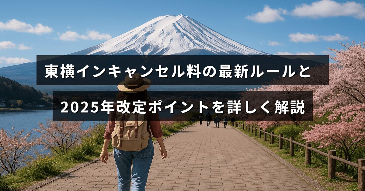東横インのキャンセル料金に関する新しい規定と、2025年に予定されている変更点をわかりやすく説明する記事のイメージ画像