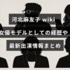 河北麻友子のプロフィールと女優・モデルとしてのキャリア、最新の出演作品情報を紹介する記事のタイトルが中央に表示された画像。