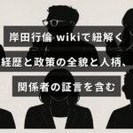 岸田行倫氏の経歴や政策、人物像と関係者の証言をまとめて紹介するブログ記事のアイキャッチ画像で、中央に記事タイトルの文字が配置されている。