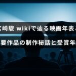 宮崎駿の作品を年表で振り返り、代表作の制作裏話と受賞歴をまとめた解説記事のアイキャッチ。中央に記事タイトルの文字が配置されています。