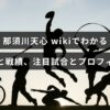 格闘家・那須川天心の経歴や対戦成績、代表的な一戦とプロフィールをまとめた記事のサムネイル画像で、見出しの文字が中央に配置されている。